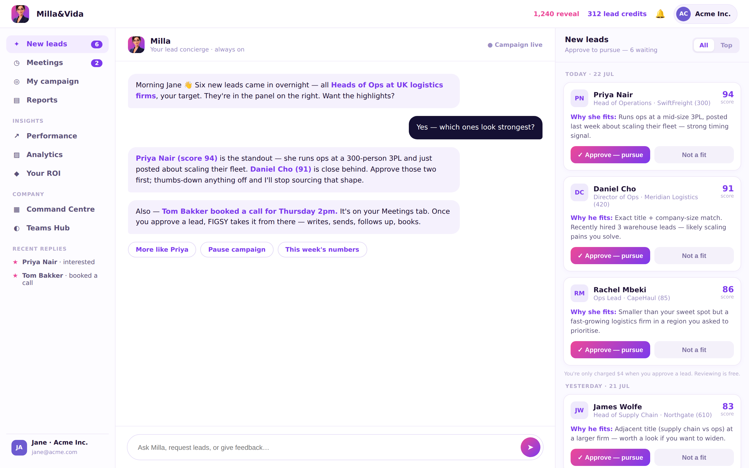 The Milla portal — masked leads waiting for your approve or pass